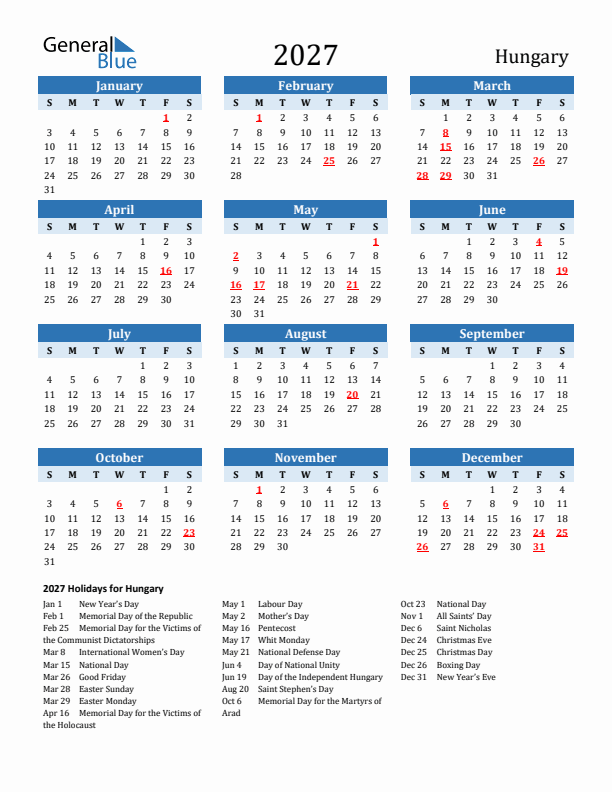 Printable Calendar 2027 with Hungary Holidays (Sunday Start)