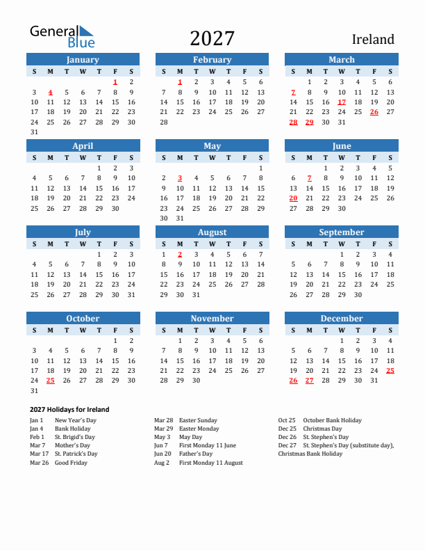 Printable Calendar 2027 with Ireland Holidays (Sunday Start)