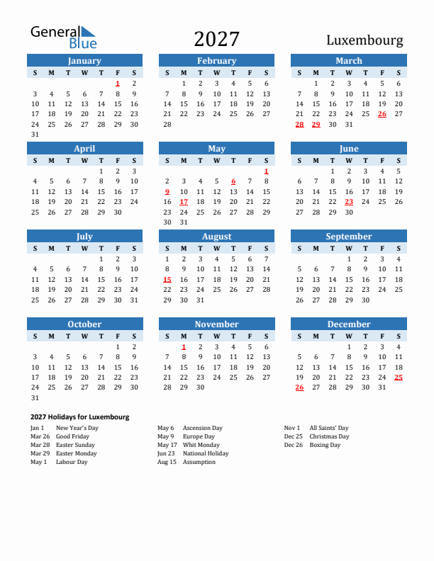 Printable Calendar 2027 with Luxembourg Holidays (Sunday Start)