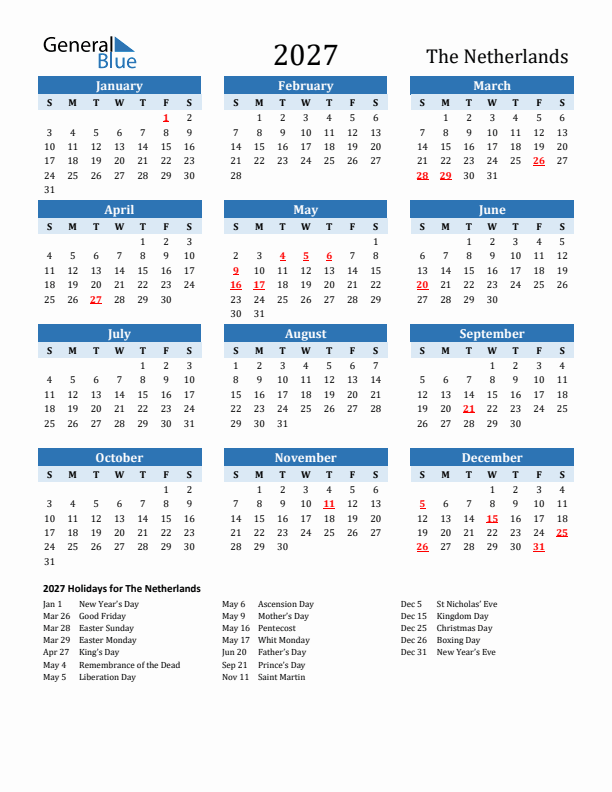 Printable Calendar 2027 with The Netherlands Holidays (Sunday Start)