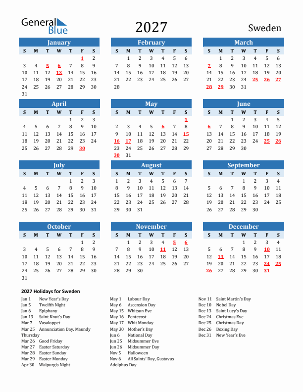 Printable Calendar 2027 with Sweden Holidays (Sunday Start)