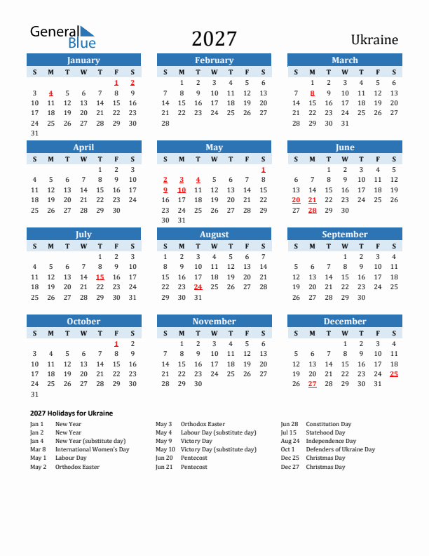 Printable Calendar 2027 with Ukraine Holidays (Sunday Start)