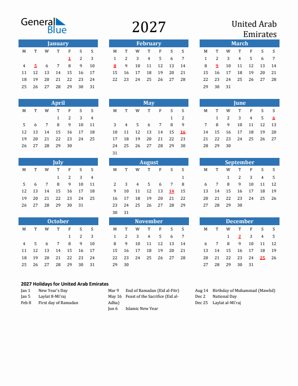 United Arab Emirates 2027 Calendar with Holidays