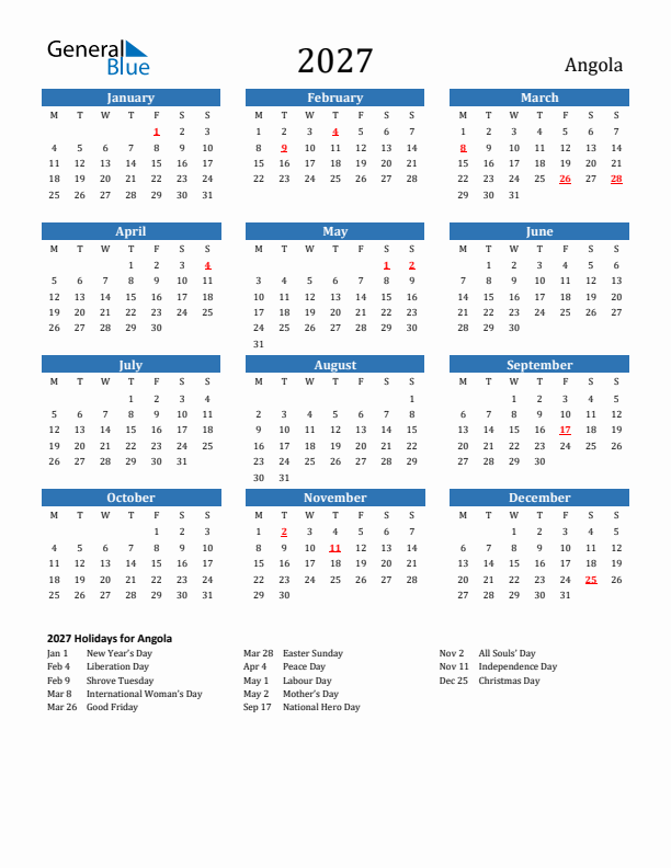 Angola 2027 Calendar with Holidays