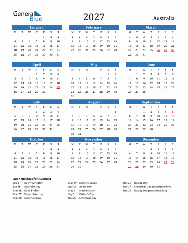 Australia 2027 Calendar with Holidays