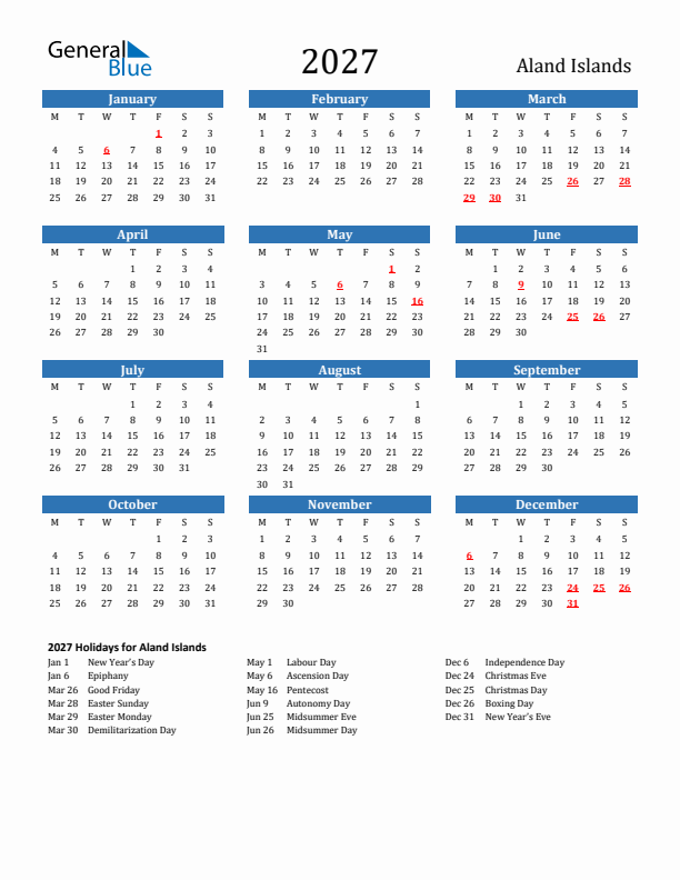 Aland Islands 2027 Calendar with Holidays