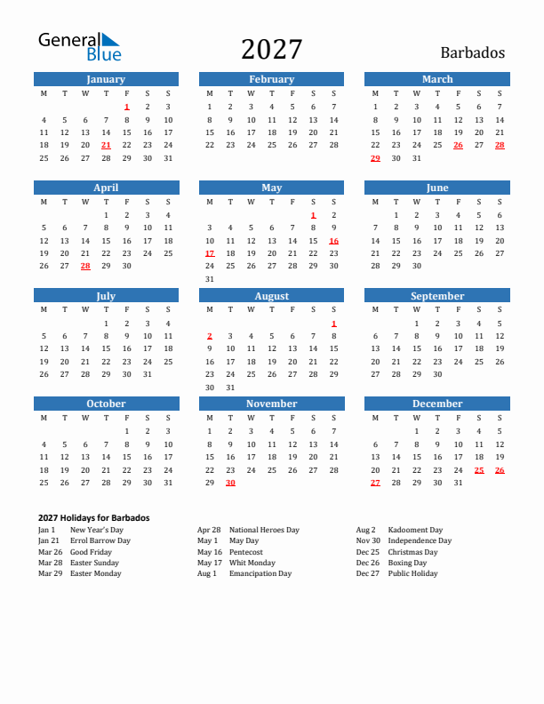 Barbados 2027 Calendar with Holidays