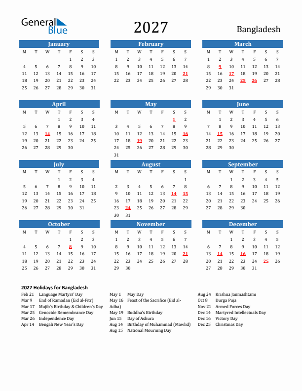 Bangladesh 2027 Calendar with Holidays