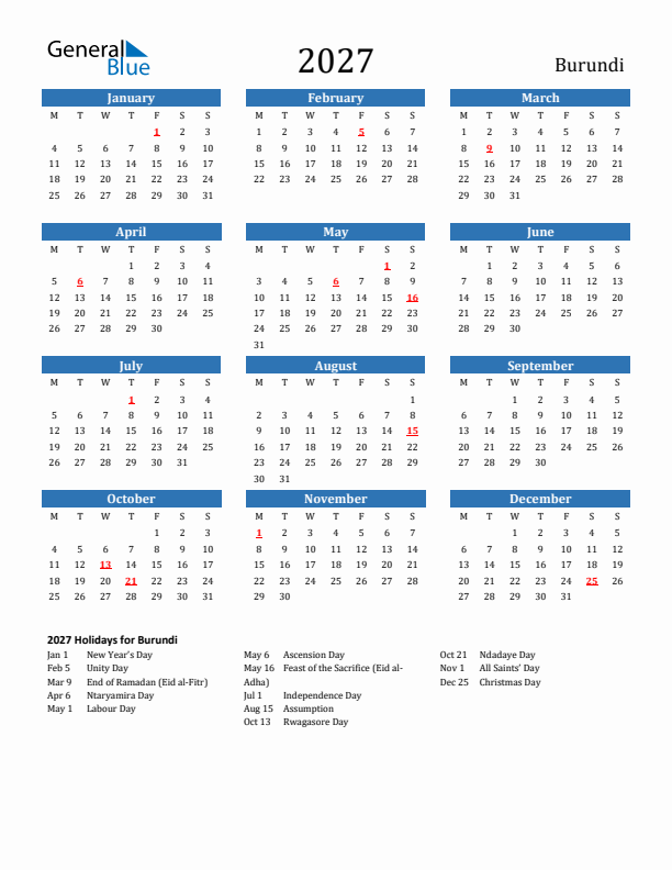 Burundi 2027 Calendar with Holidays