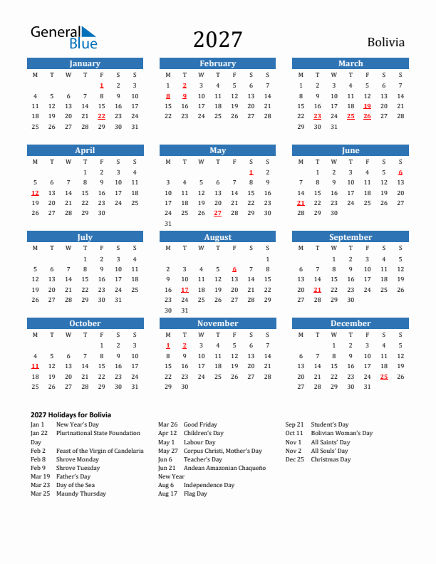 Bolivia 2027 Calendar with Holidays