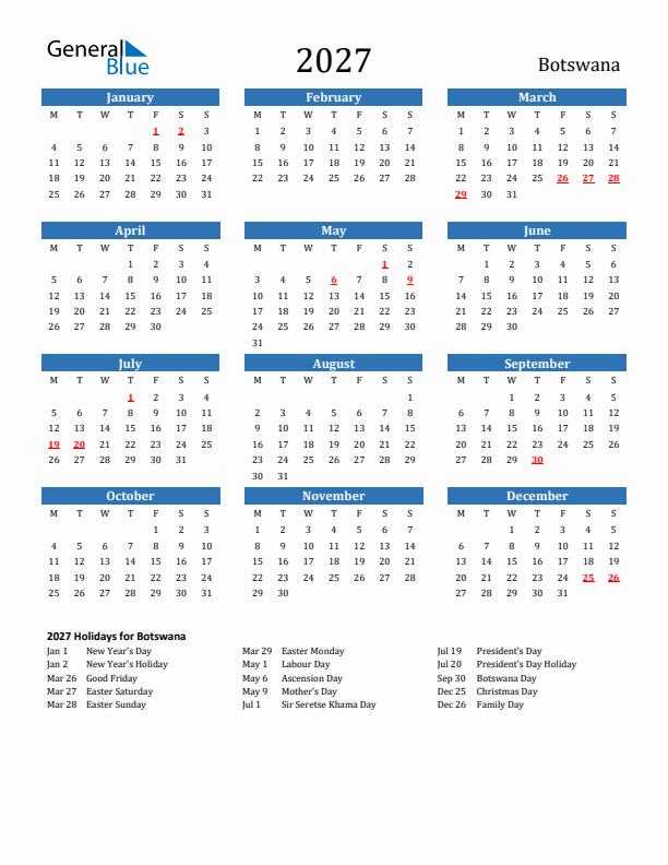 Botswana 2027 Calendar with Holidays