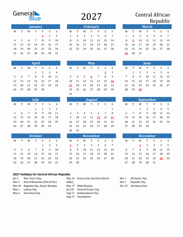 Central African Republic 2027 Calendar with Holidays