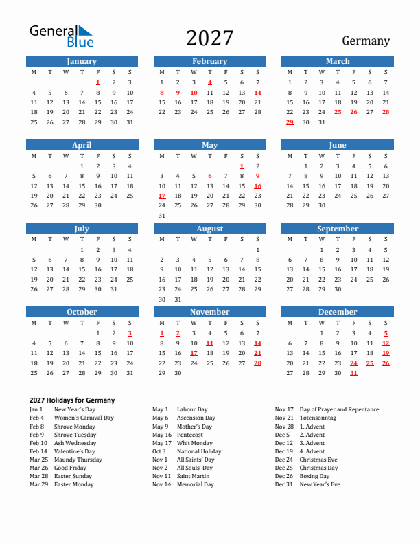 Germany 2027 Calendar with Holidays