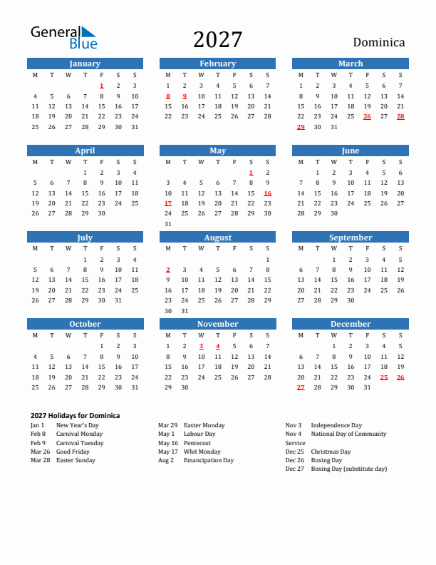 Dominica 2027 Calendar with Holidays