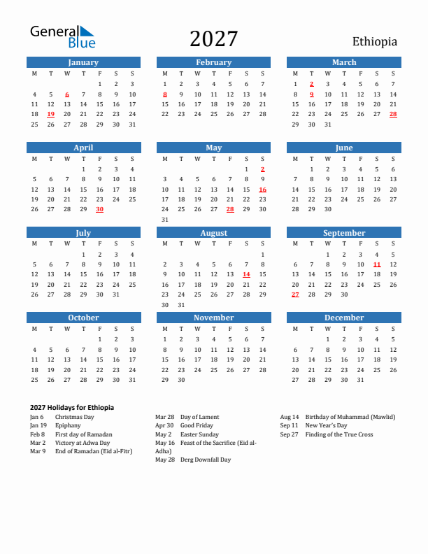 Ethiopia 2027 Calendar with Holidays