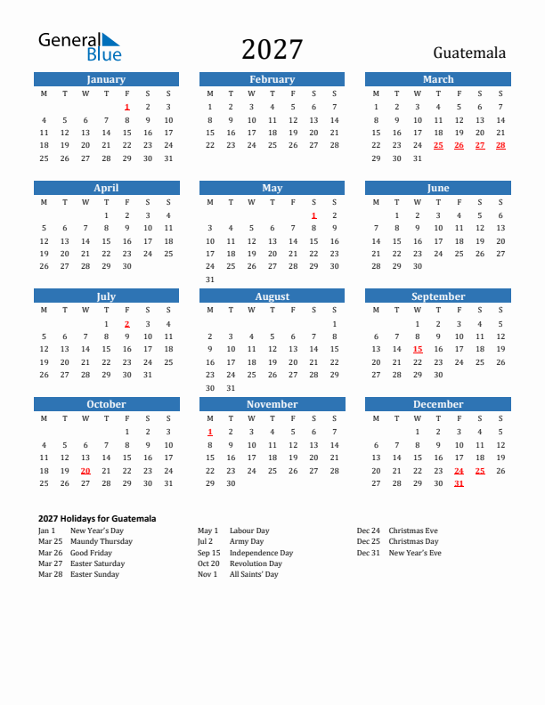 Guatemala 2027 Calendar with Holidays