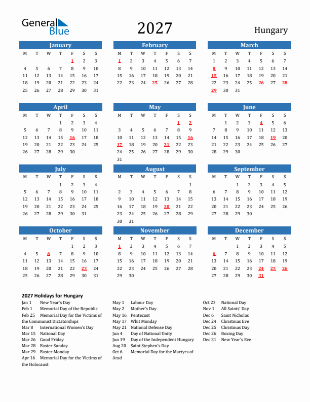 Hungary 2027 Calendar with Holidays