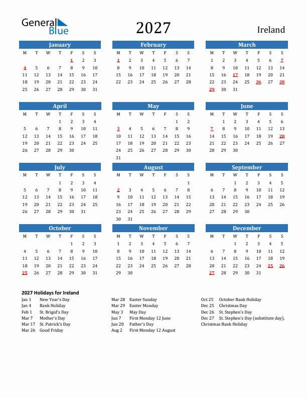 Ireland 2027 Calendar with Holidays