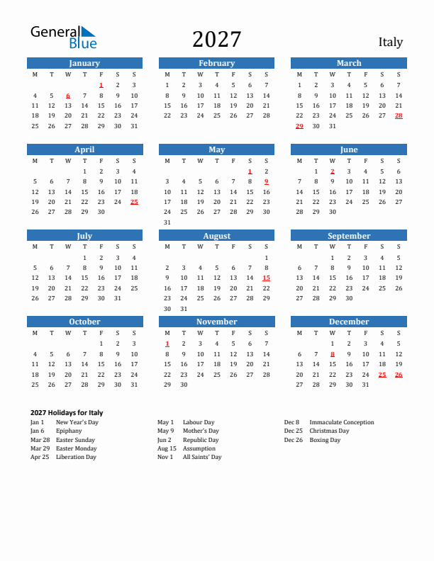 Italy 2027 Calendar with Holidays