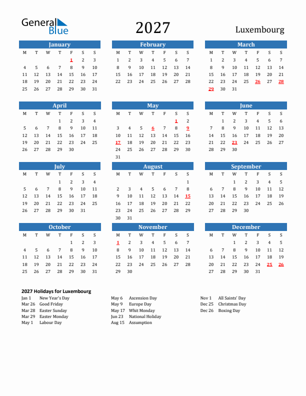 Luxembourg 2027 Calendar with Holidays