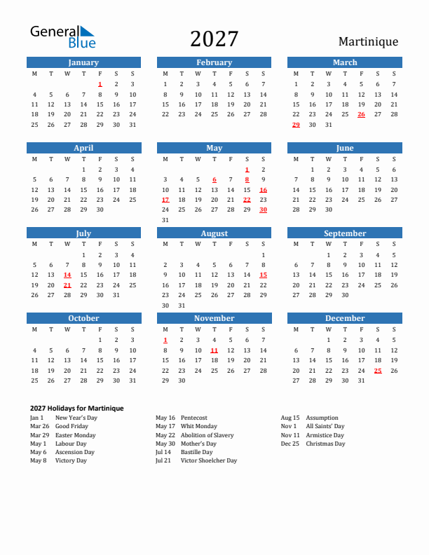 Martinique 2027 Calendar with Holidays