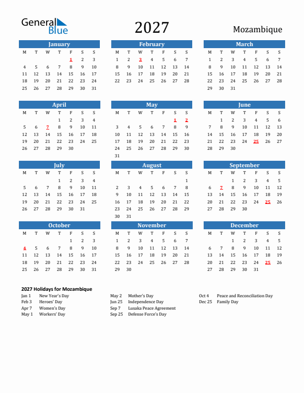 Mozambique 2027 Calendar with Holidays