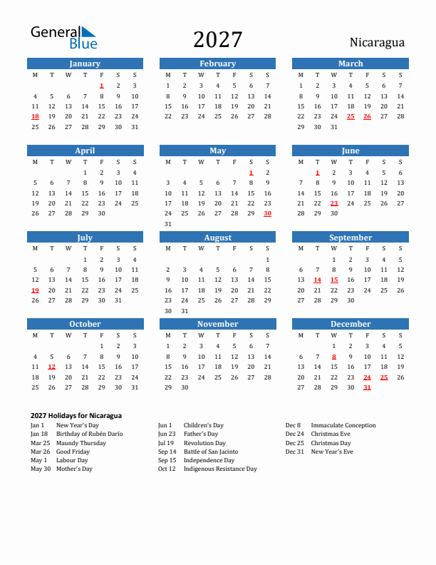 Nicaragua 2027 Calendar with Holidays