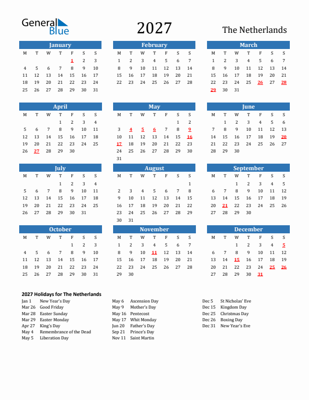 The Netherlands 2027 Calendar with Holidays