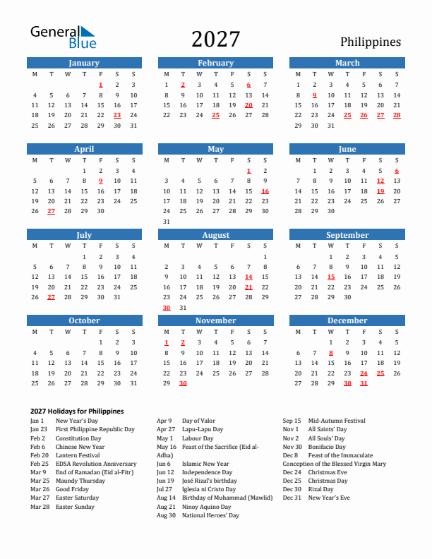 Philippines 2027 Calendar with Holidays