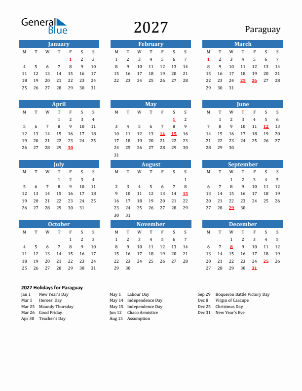 Paraguay 2027 Calendar with Holidays