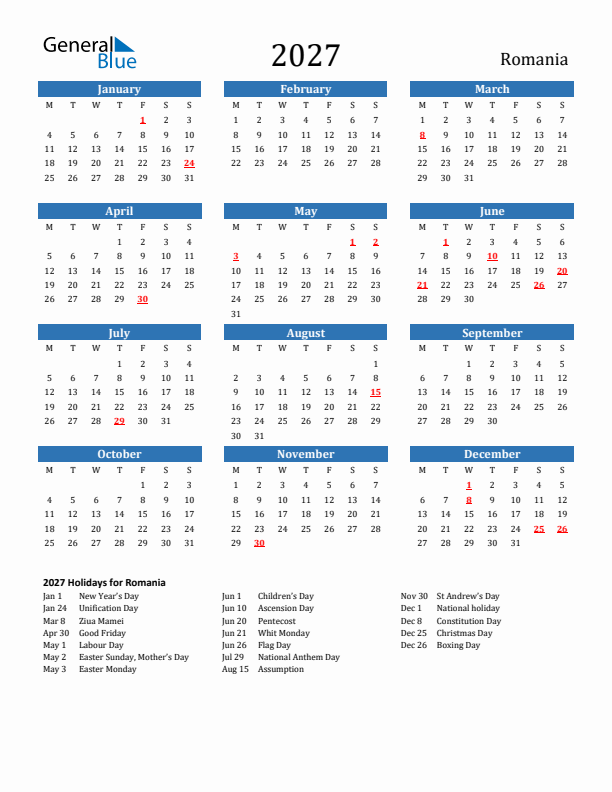 Romania 2027 Calendar with Holidays