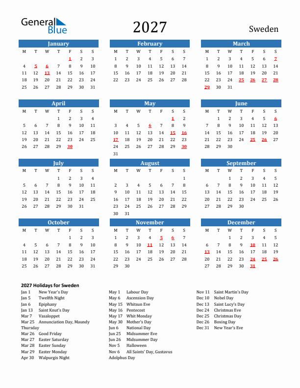 Sweden 2027 Calendar with Holidays