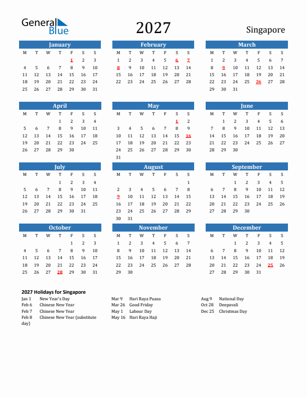 Singapore 2027 Calendar with Holidays