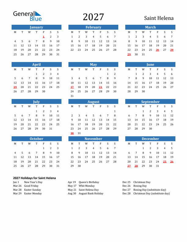 Saint Helena 2027 Calendar with Holidays