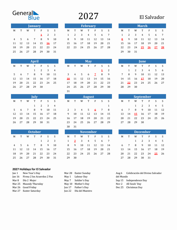 El Salvador 2027 Calendar with Holidays