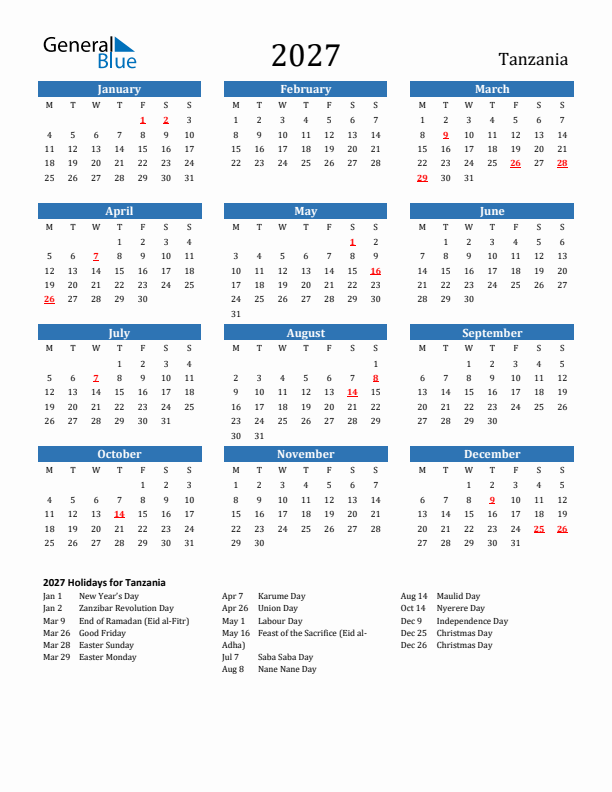 Tanzania 2027 Calendar with Holidays