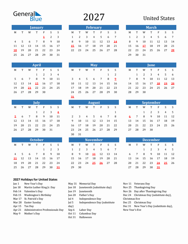 United States 2027 Calendar with Holidays