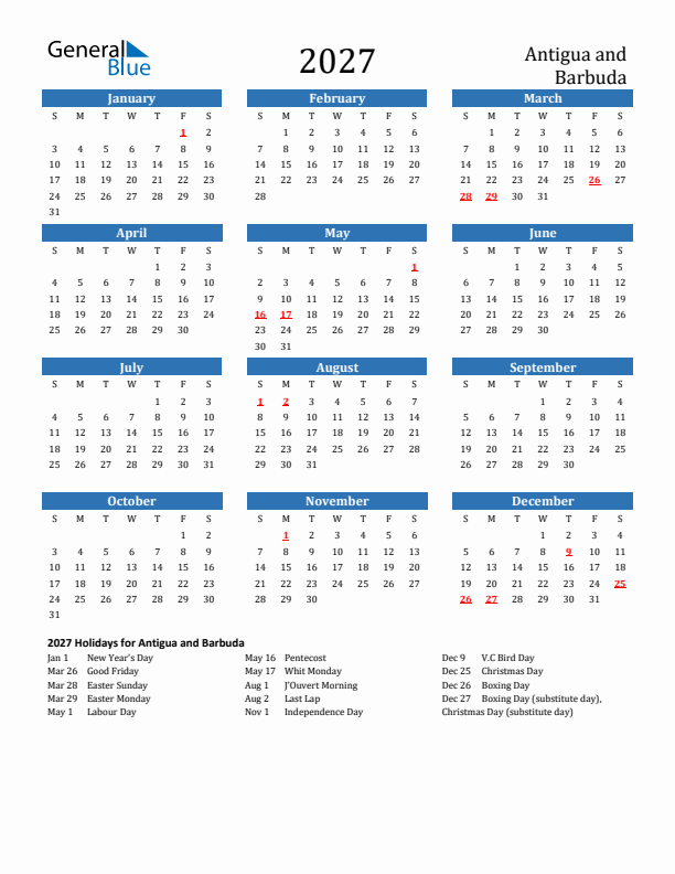 Antigua and Barbuda 2027 Calendar with Holidays