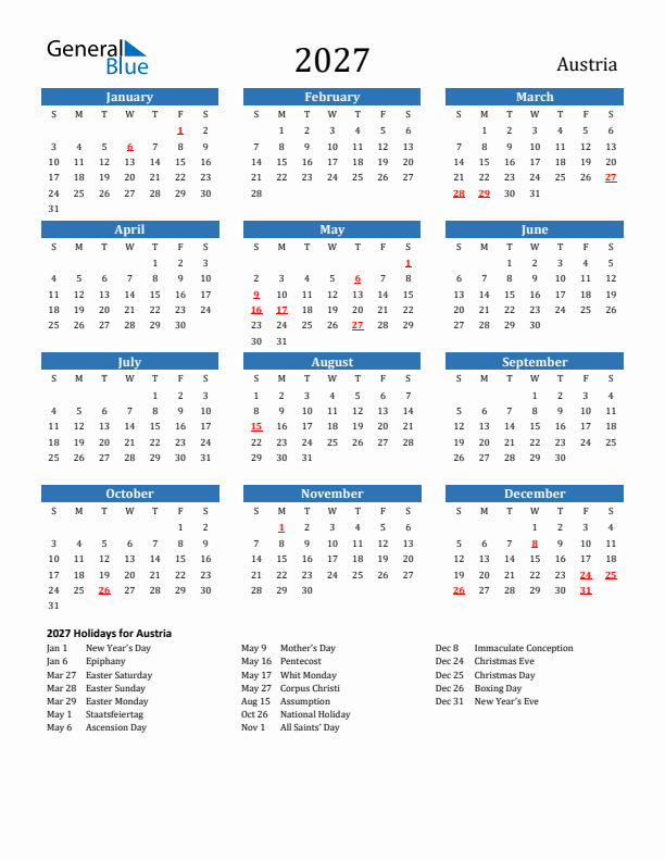 Austria 2027 Calendar with Holidays