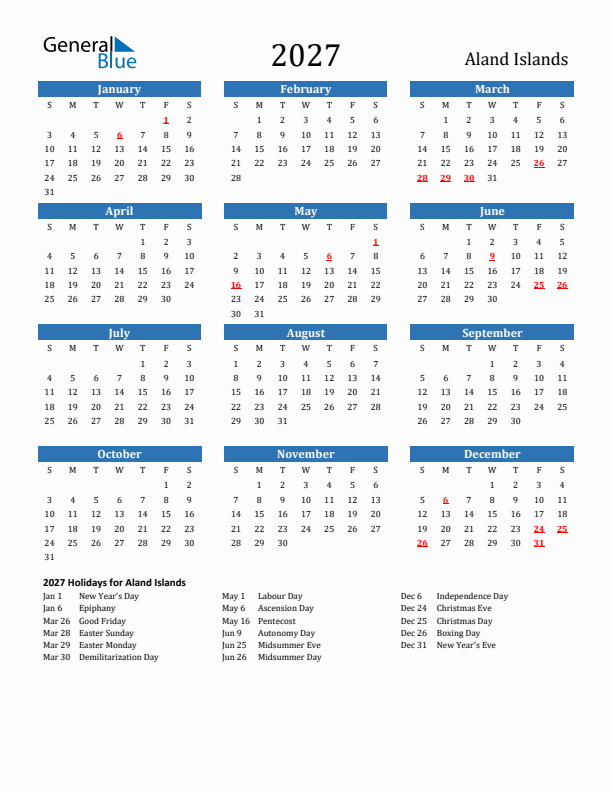 Aland Islands 2027 Calendar with Holidays