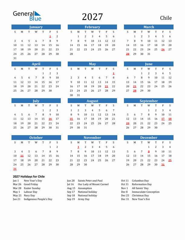 Chile 2027 Calendar with Holidays