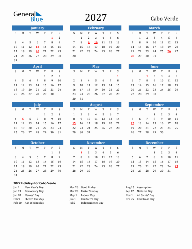 Cabo Verde 2027 Calendar with Holidays