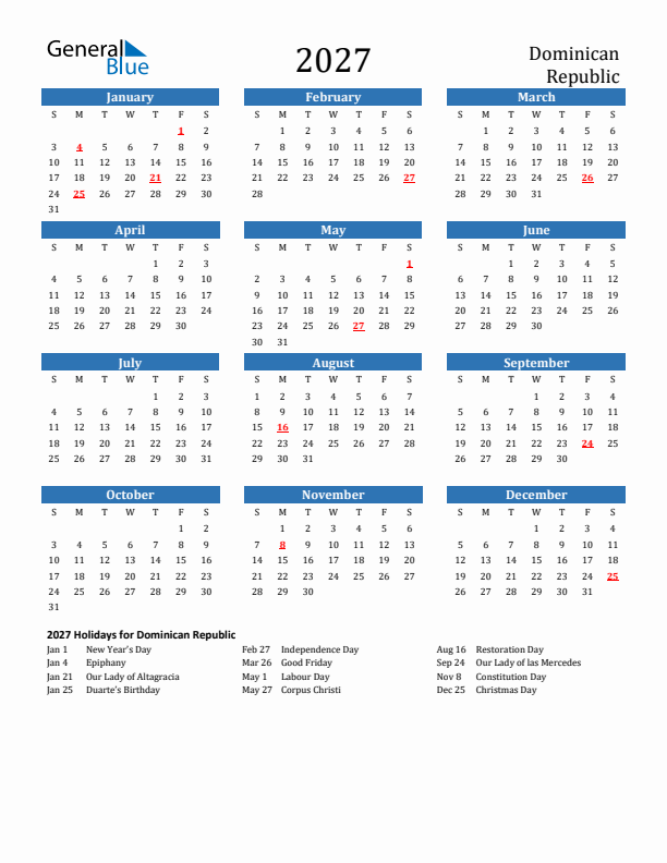 Dominican Republic 2027 Calendar with Holidays