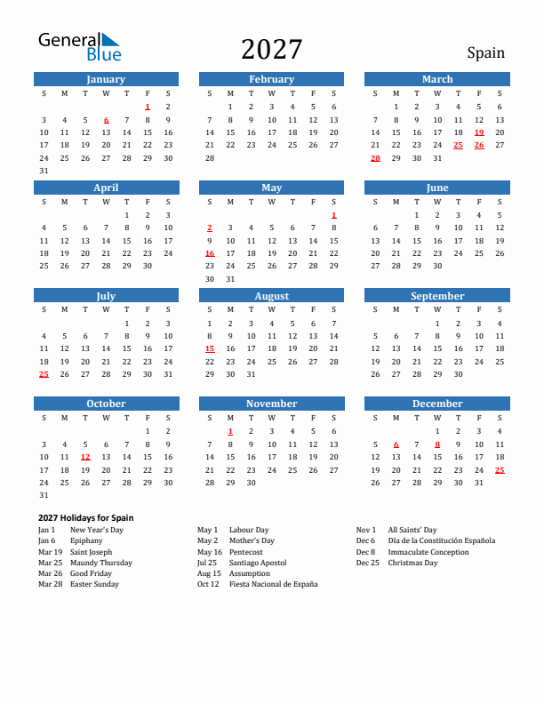 Spain 2027 Calendar with Holidays