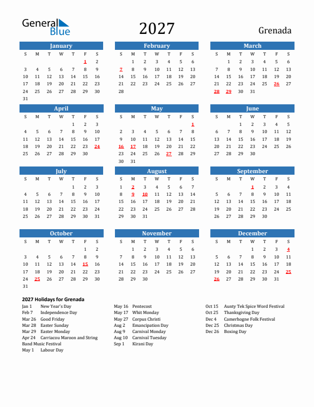 Grenada 2027 Calendar with Holidays