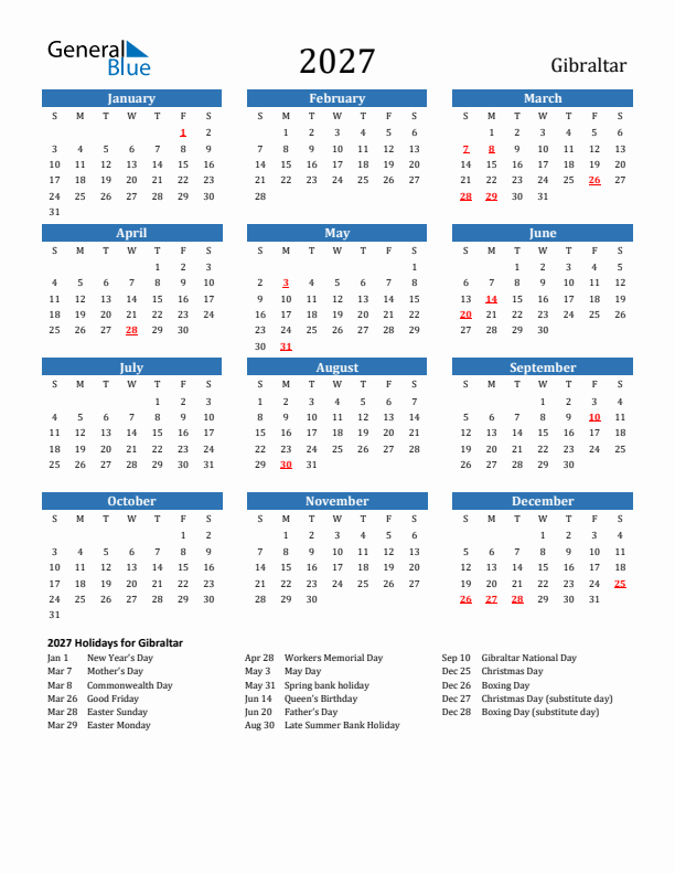 Gibraltar 2027 Calendar with Holidays