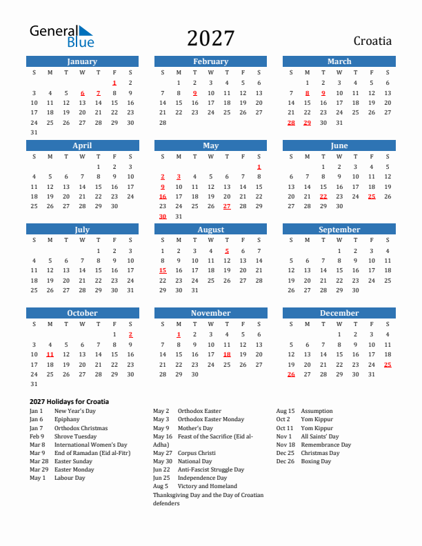 Croatia 2027 Calendar with Holidays