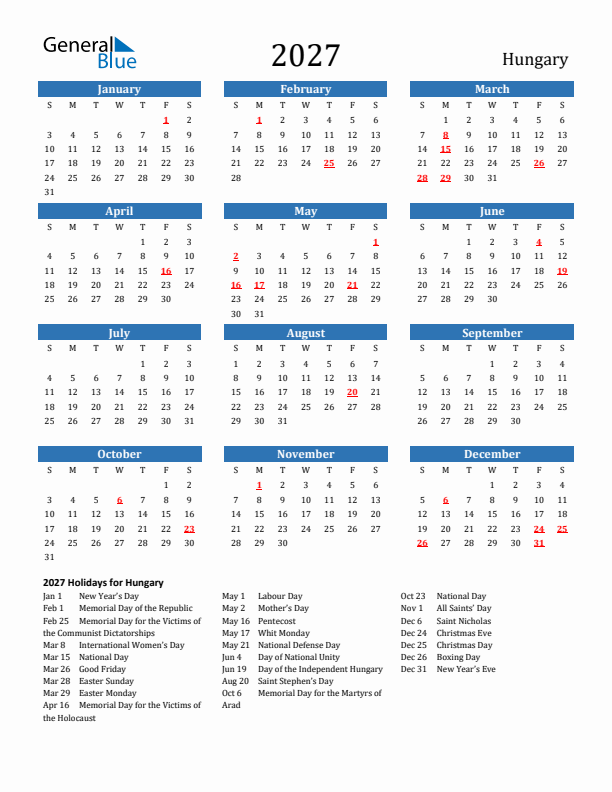 Hungary 2027 Calendar with Holidays