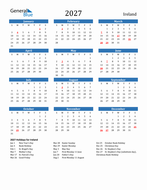 Ireland 2027 Calendar with Holidays