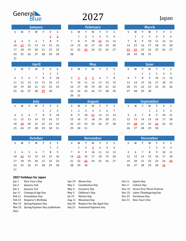 Japan 2027 Calendar with Holidays